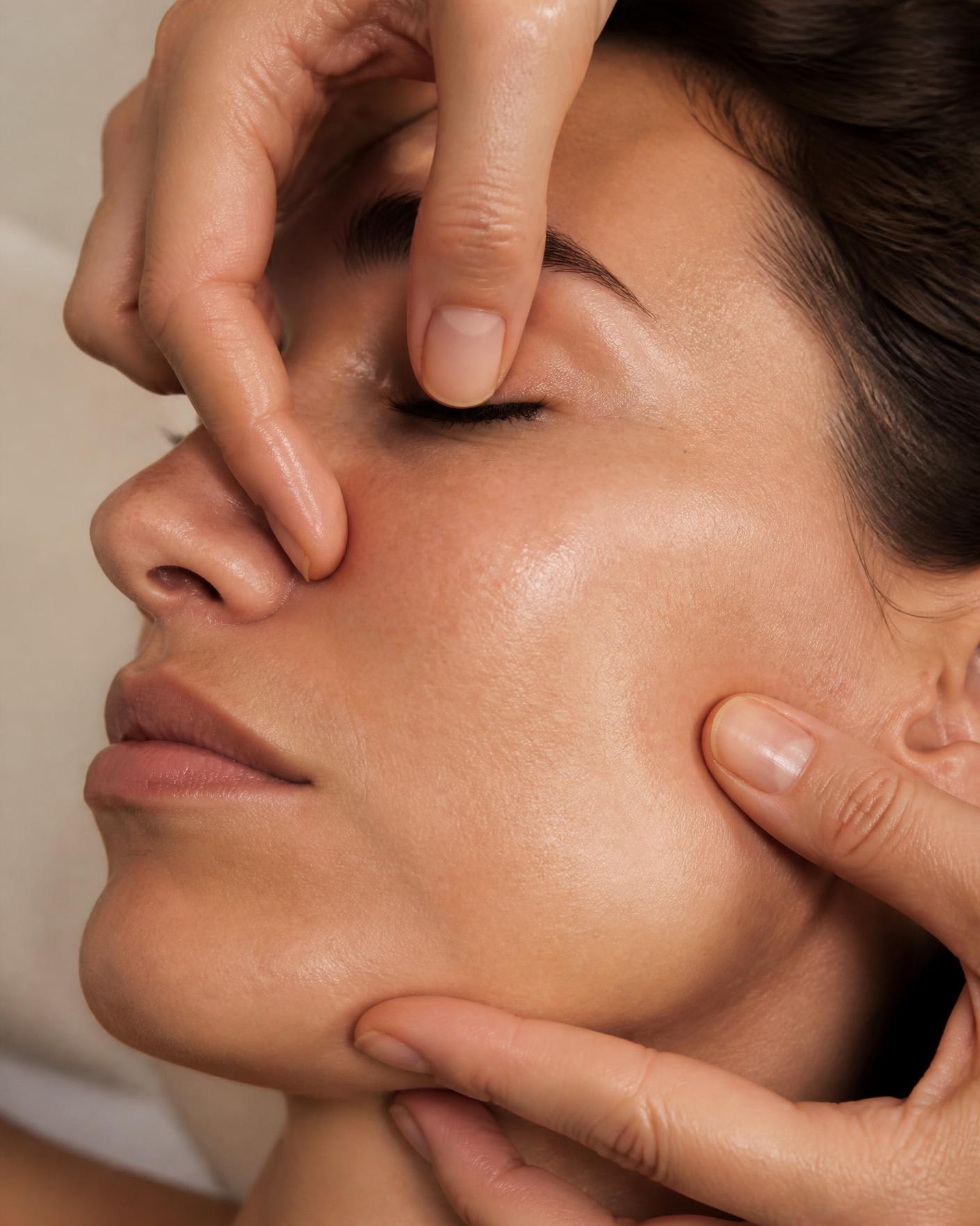 A client resting with closed eyes during a gentle facial massage